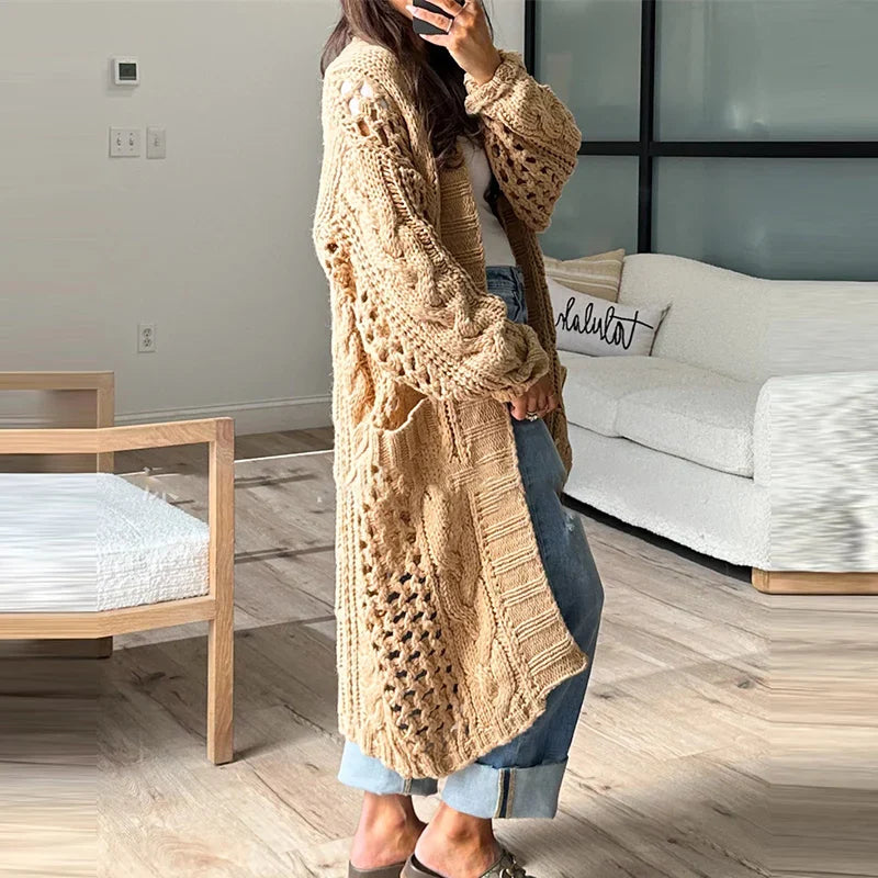 maoxiangshop - 2024 Casual Solid Color Pocket Coat Ladies Elegant V Neck Hollow Knitted Cardigan Autumn Winter Thick Warm Loose Sweater Outwear