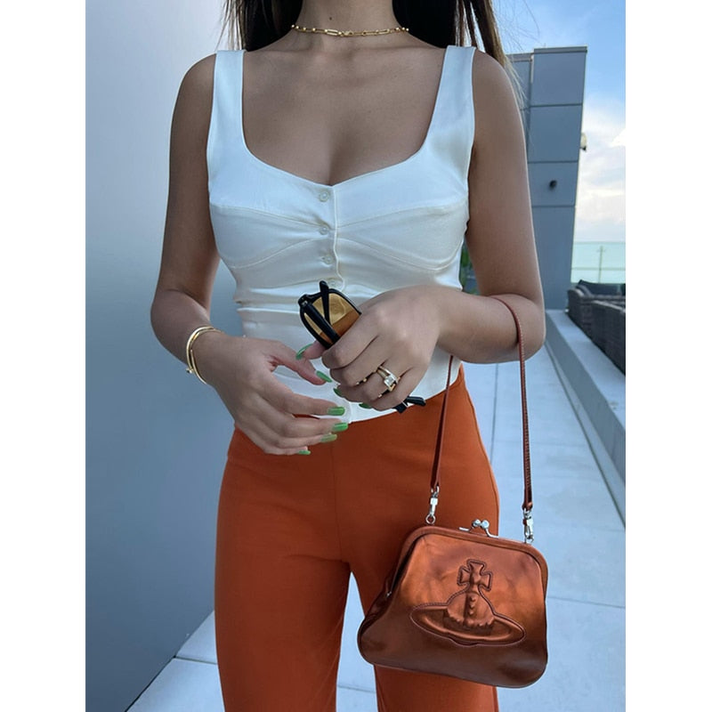 maoxiangshop y2k Tank Top Aesthetic Sleeveless Solid Color Single Breasted Vest 2000s Women Crop Tops Elegant Ladies Shirt Fairycore Clothes