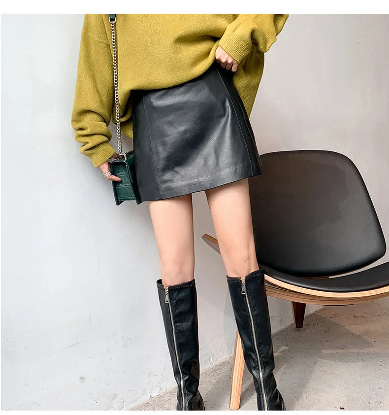 maoxiangshop Leather Skirt Women Fashion New High Waist Skirt Spring Autumn Slim Mini Skirt Genuine Leather Shorts Boots Y2k