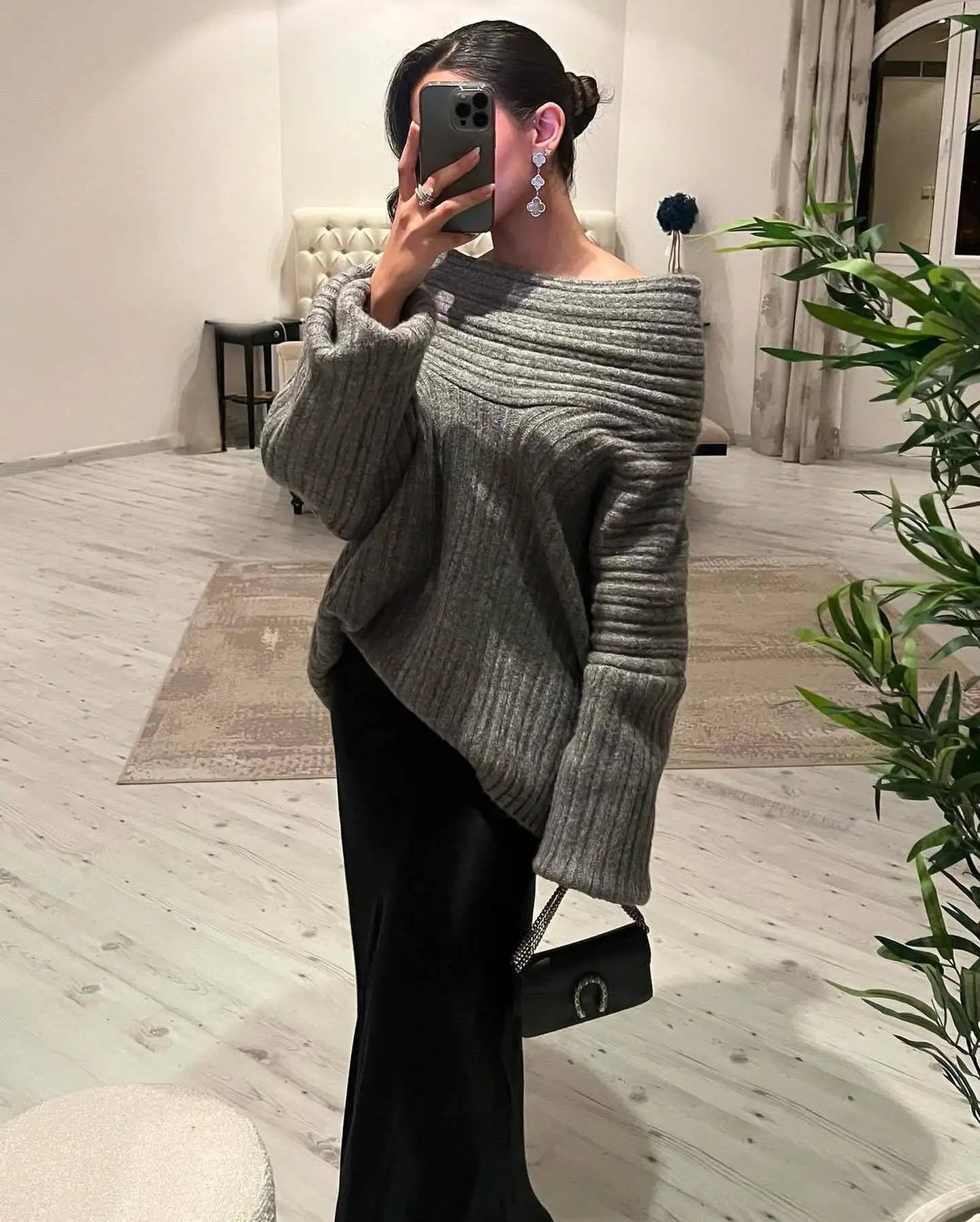 maoxiangshop - Elegant Oversize Knitted Thick Pullover Winter Fashion Slash Neck Full Sleeve Gray White Warm Women Sweater Streetwear