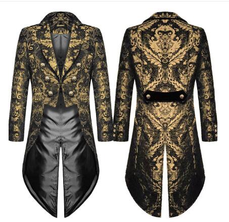maoxiangshop Adult Men Medieval Cosplay Black Jackets Devil Fashion Gothic Steampunk Tailcoat Costume Black Brocade Damask Wedding Halloween