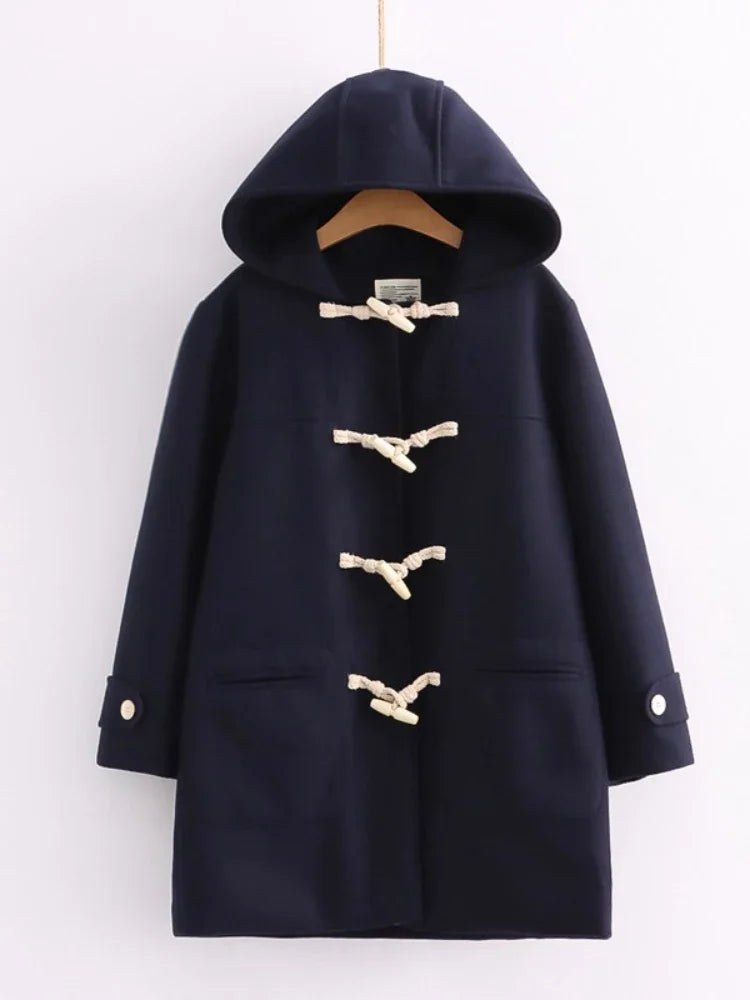 Winter Women Wool Blends Coat Straight Long Hooded Coats Jacket Horn Button Sleeve Preppy Style Female Warmness Outwears
