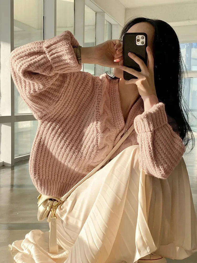 maoxiangshopKorean Thick Women Cardigan Knitted Sweater Autumn Winter chic Loose Long Sleeve Tops Simple Solid sweater jacket for Female
