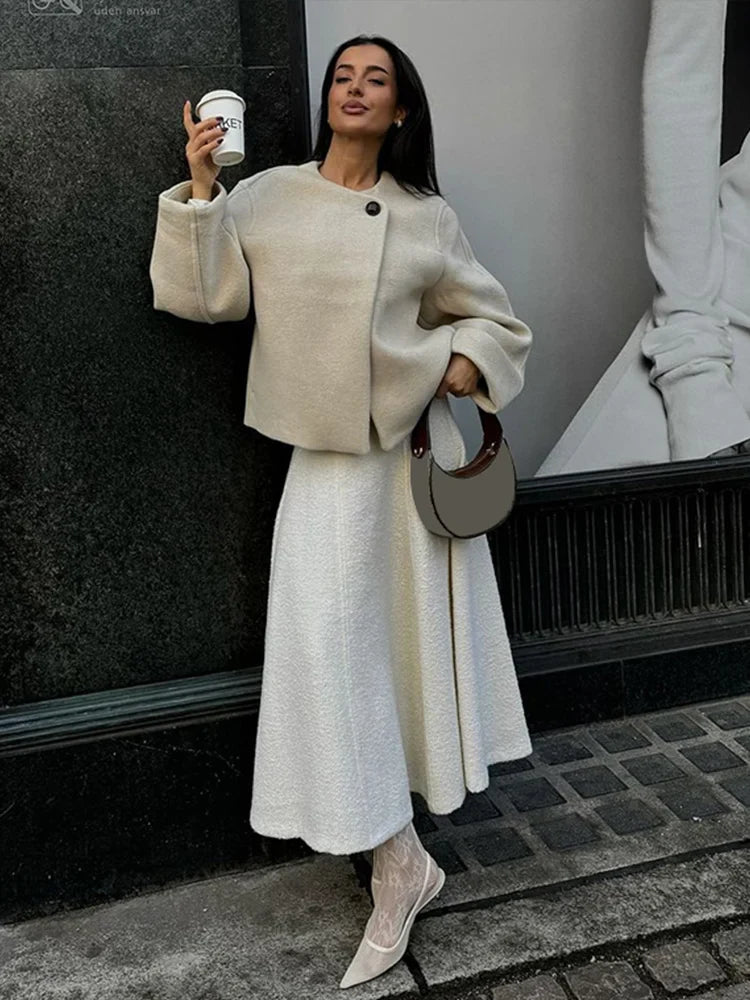 maoxiangshop - Chic Woolen Women's Short Coats O Neck Long Sleeve One Button Coat 2024 Autumn Winter Elegant Female Commute Outerwears