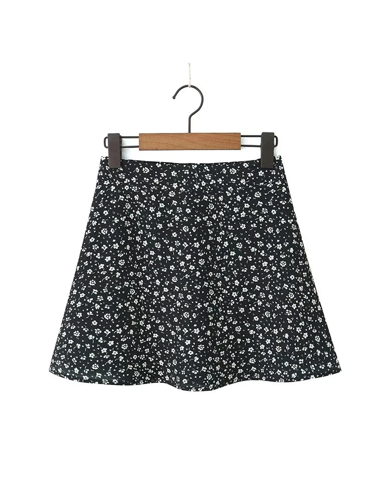maoxiangshop - Cute Flower Print Ladies Summer A-Line Black Mini Skirts 2024 Girls Casual Zipper Fly Pink Short Skirt