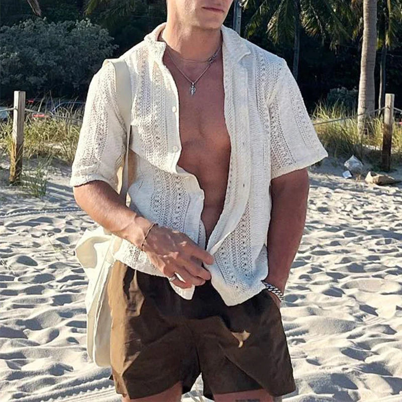 maoxiangshop Vintage Embroidery Knitting Mens Shirts Summer Beach Fashion Loose Short Sleeve Knit Tops For Men New Casual Knitted Cardigans