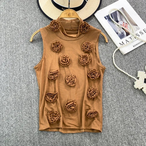 maoxiangshop American Chic Tank Top Women 3D Floral Mesh Sheer Stand Collar Sleeveless Female Crop Tops Streetwear Hot Camisole