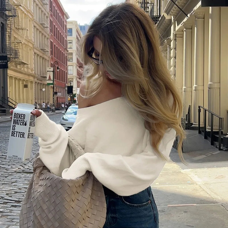 maoxiangshop - Casual Off-Shoulder Sweater Women's Autumn Warm Long-Sleeved Knitted Sweater Solid High Waist Loose Female Knitted Top