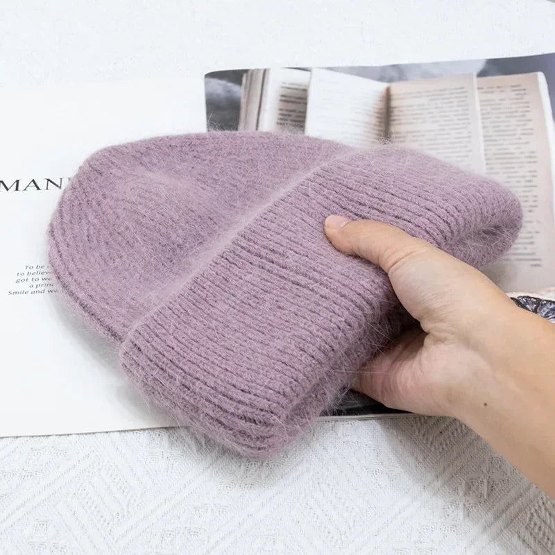 maoxiangshop 21colors Autumn Angola Rabbit Fur Knitted Beanies Winter Skullies Women's Hat Fashion Solid Warm Cashmere Wool Three Fold Thick