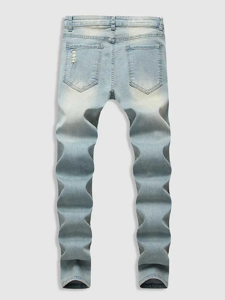 maoxiangshop Men's Jeans Solid Faded Ripped Frayed Denim Jeans Mid-waist Slim Fitted Pants Ankle-length Zipper Trousers with Pocket