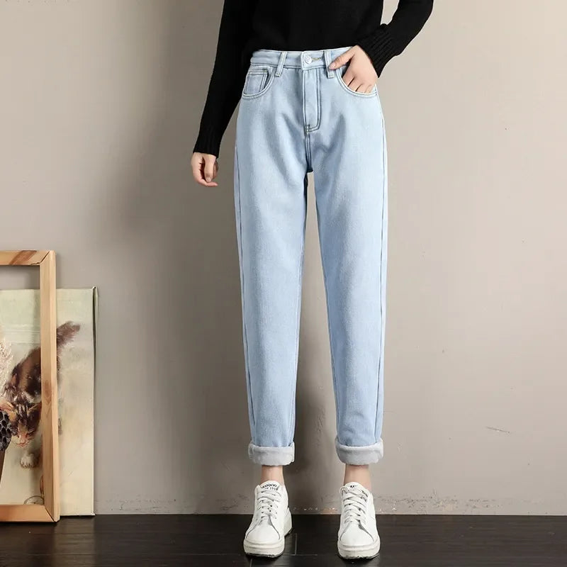 maoxiangshop Fleece Jeans Women Baggy Harem Pants Winter New High Waist Straight Thickened Warm Boyfriend Velvet Denim Trousers