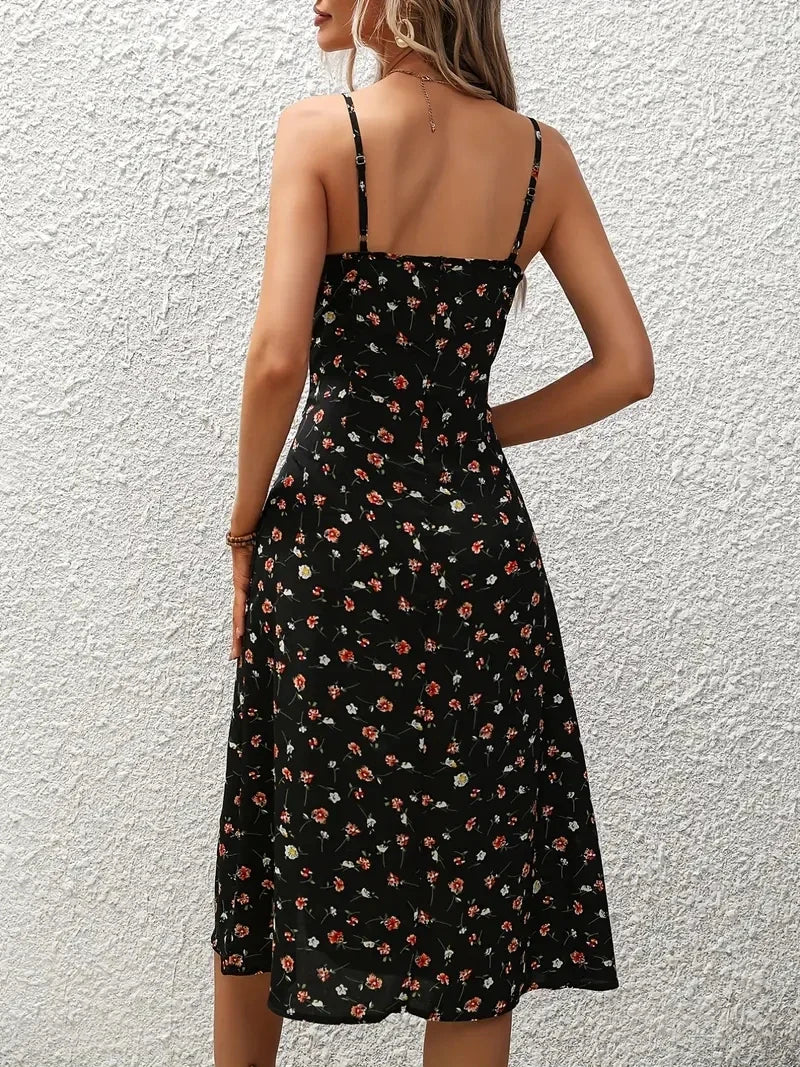 maoxiangshop 2024 Women Floral Print Spaghetti Straps Summer Boho Beach Dress Print Elegant Suspenders Square Neck Slit Dress Vestidos