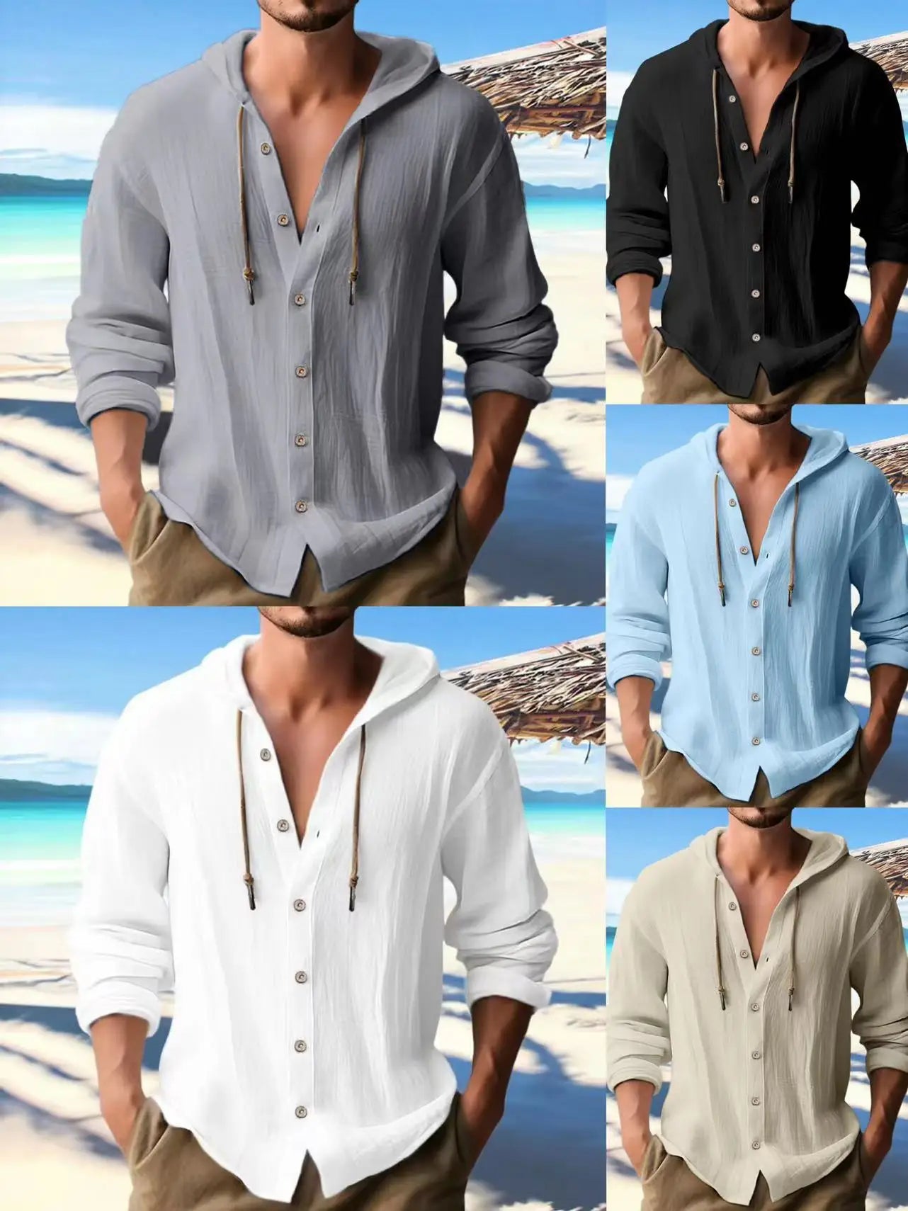 maoxiangshop Summer Men's Linen Shirt Solid Streetwear Long Sleeve Hoodie Cardigan Clothing For Men Button Tops Casual Loose Men Hooded Shirt