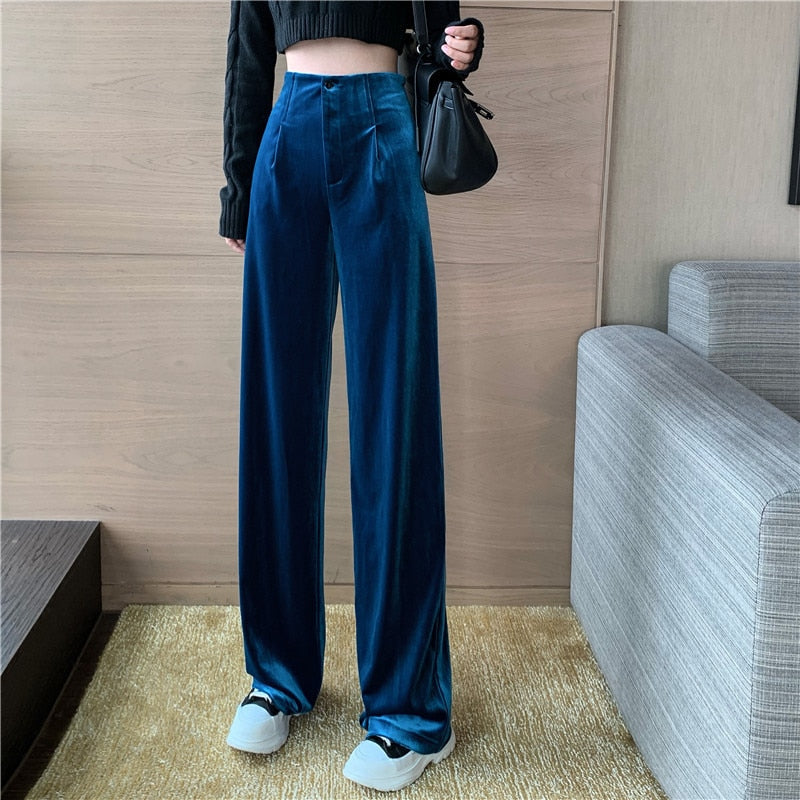 maoxiangshop Winter Velvet Elegant Pants Women Solid Casual Korean Style Wide-legged Pants Loose Casual Designer High-waist Trousers New