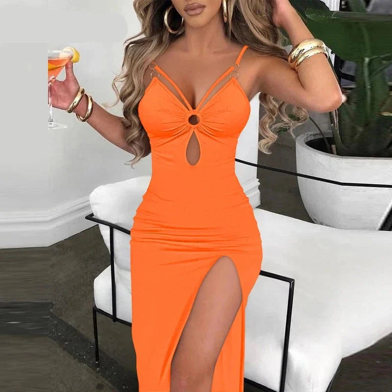 maoxiangshop Women Solid Sexy Spaghetti Straps Shirring High Silt Maxi Sexy Hole Decoration Dresses
