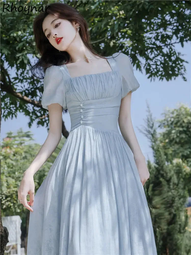 maoxiangshop Blue Fairycore Dress Women Sweet Thin Defined Midi Romantic Summer Chic French Style Square Collar Gentle New Arrival OOTD
