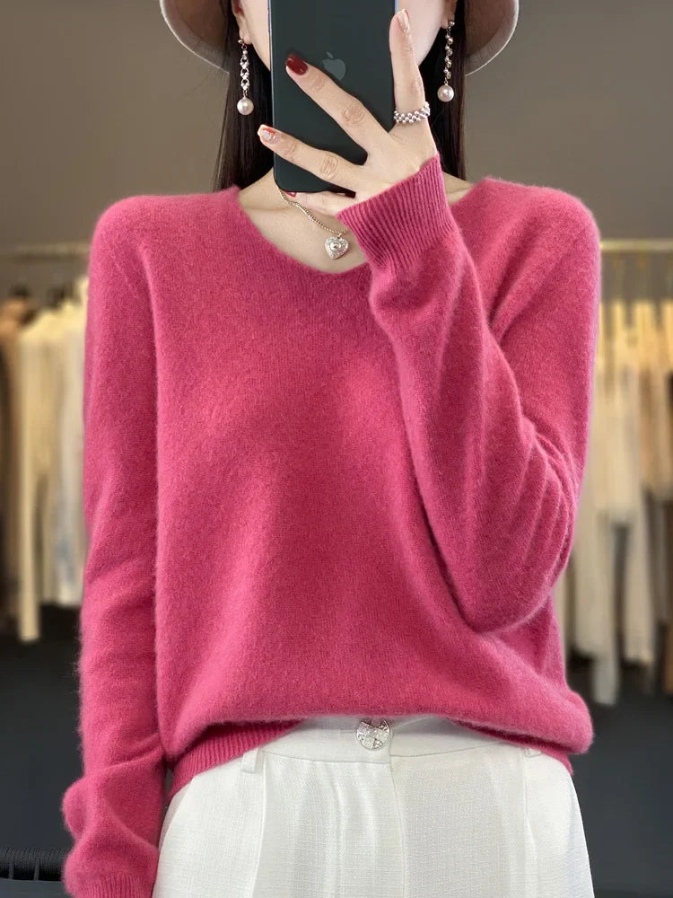 maoxiangshop Pure Wool V-Neck Sweater Women's Short Autumn And Winter All Loose And Thin Pullover Sweater Base Shirt Solid Color Authentic
