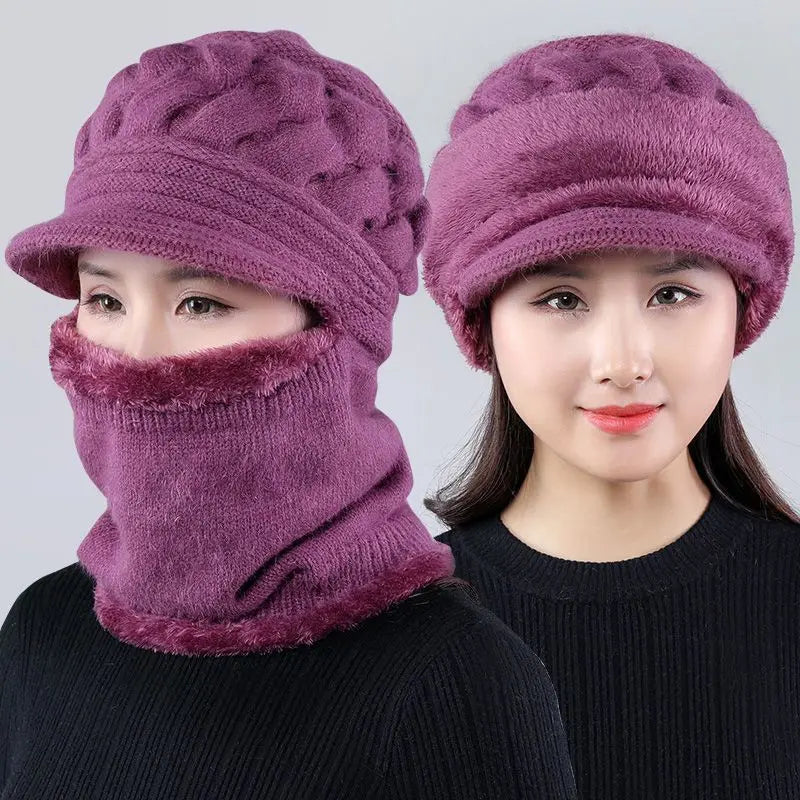 maoxiangshop Coral Fleece Winter Hat Beanies Women's Hat Scarf Warm Breathable Wool Knitted Hat For Women Double Layers Protection Caps