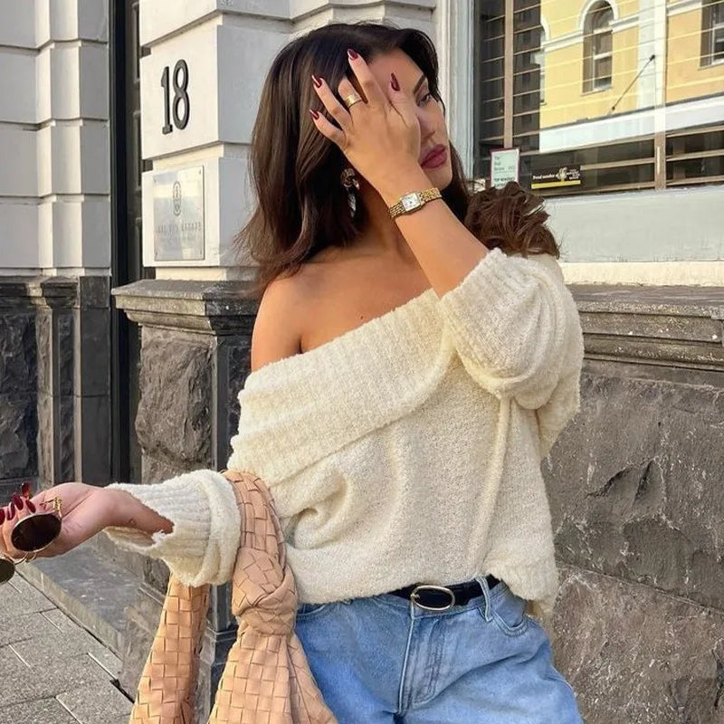 maoxiangshop - One Shoulder Knitted Sweater Women's Sexy Slim Long Sleeve Solid Pullover Top Loose Casual Chic Autumn Street Sweater