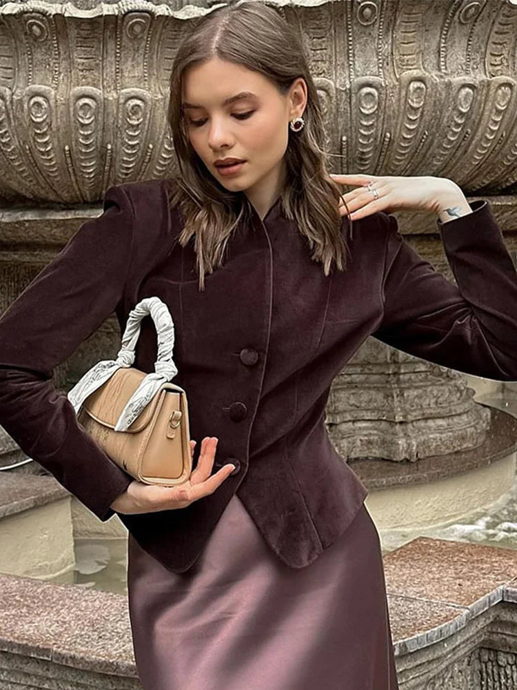 maoxiangshop - Vintage Velvet Stand Collar Short Coat Women Elegant Slim Solid V-neck Single-Breasted Coats Female Autumn Fashion Streetwear