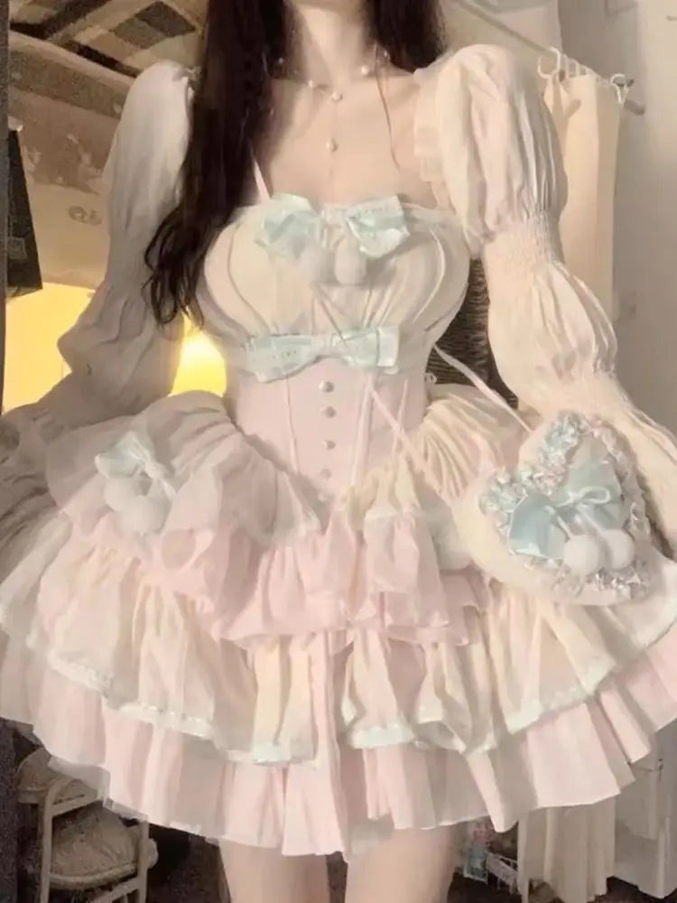 maoxiangshop - Autumn Lolita Kawaii Bow Dress Women Japanese Sweet Princess Dress Female Korean Fashion Print Cute Party Mini Dress 2024 New