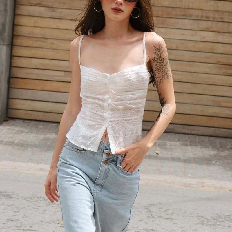 maoxiangshop-hirigin��Women Floral Hollow Crop Tops y2k Fairycore Grunge Spaghetti Strap Sleeveless Button Camisole Kawaii Tank Streetwear