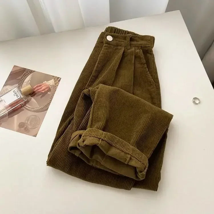 maoxiangshopRetro High Waist Corduroy Pants Women Spring Fall Straight Causal Full Length Trousers Korean Fashion Baggy All Match Black Pant