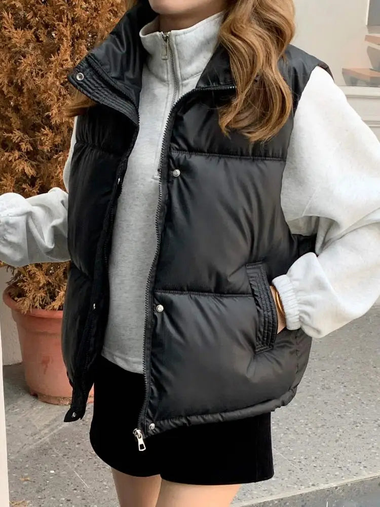 maoxiangshop - Korean Fashion Green Down Contton Vest Women's 2024 Winter Black Stand Collar Single Breasted Sleeveless Loose Waistcoat Popular