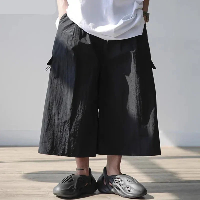 maoxiangshop 2024 Men Wide Leg Pants Elastic Waist Loose Pockets Casual Trousers Men Solid Streetwear Joggers Fashion Cargo Pants
