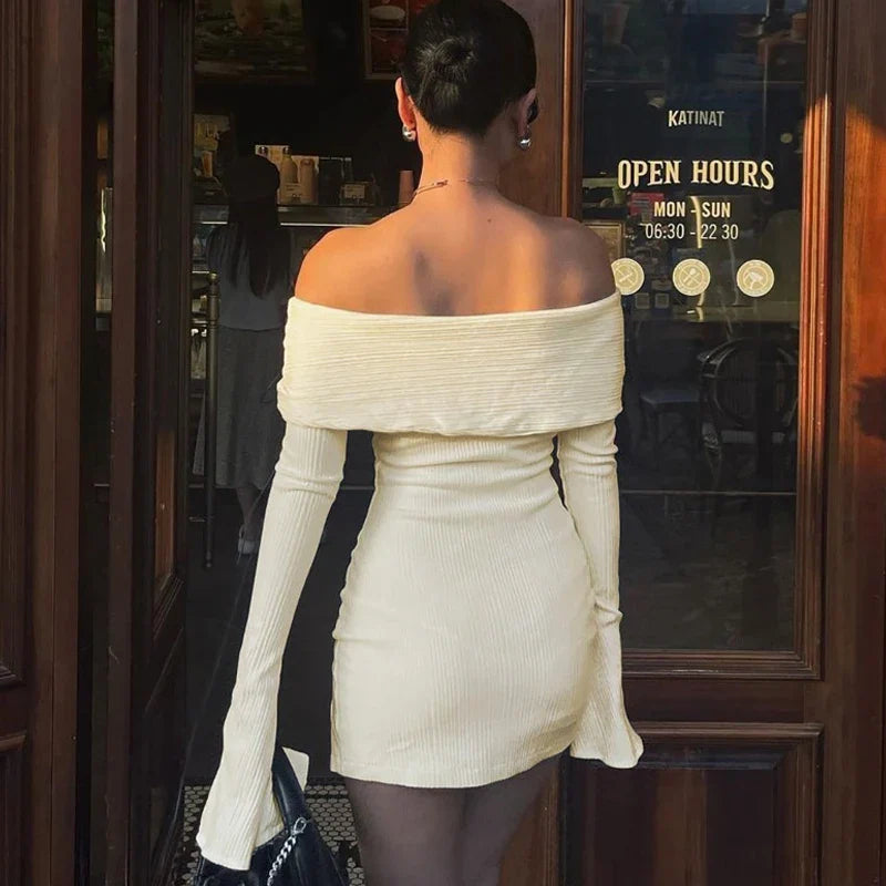 maoxiangshop - One-Shoulder Slim Split Dress Knitwear For Women Autumn New Flare Long Sleeve Lace Up Mini Gown Dresses Lady High Waisted