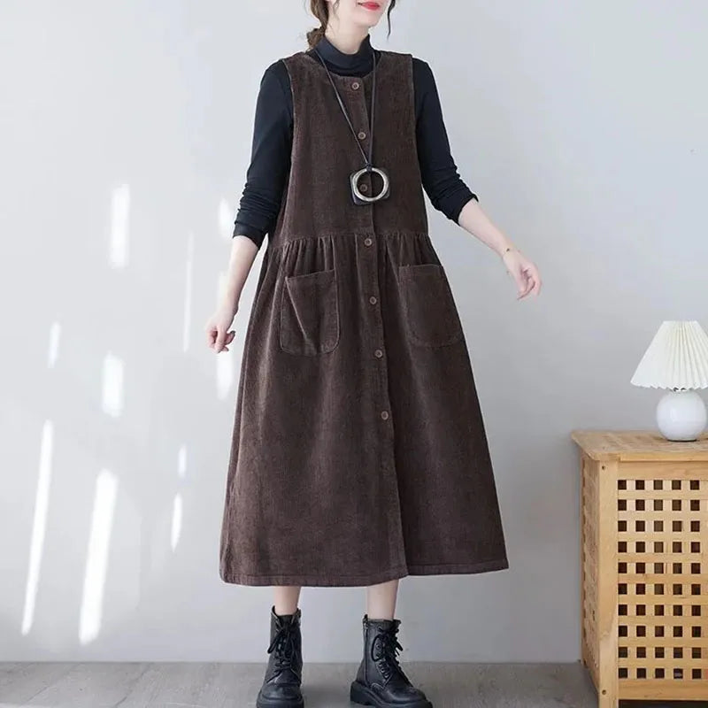 maoxiangshop New Spring Autumn Womens Corduroy Dress Vestidos Retro Fashion Femal Long Casual Dresses Single-Breasted Sleeveless Vest Dresses