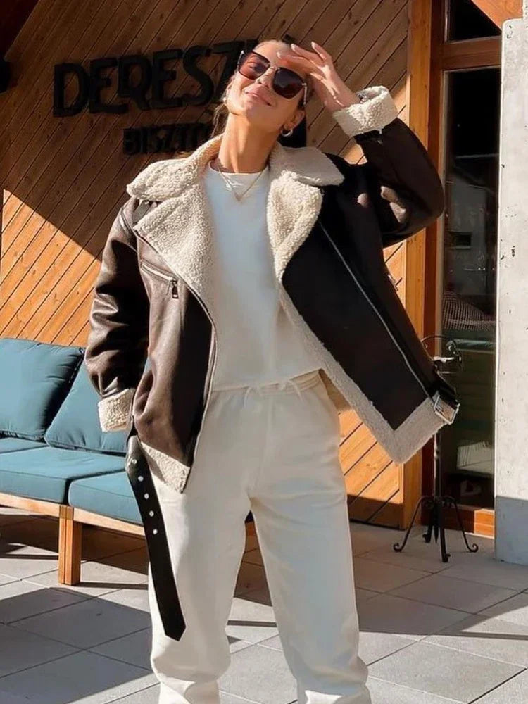 Fashion Faux Fur Jacket with Zipper Women Long Sleeve Double-sided Jackets Warm Coat Female Casual Lapel cold coat
