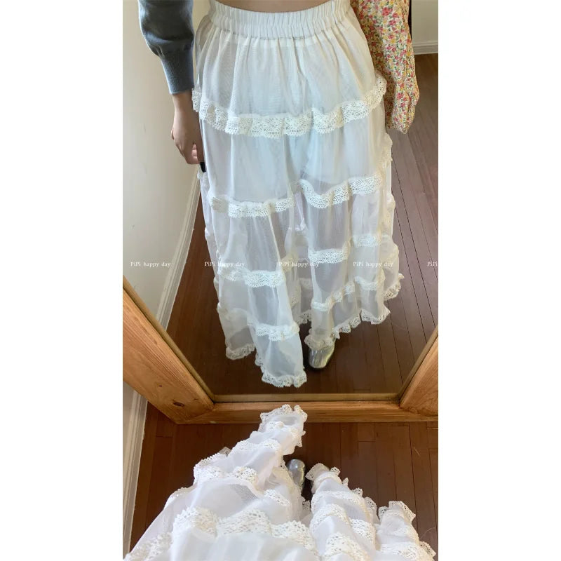 maoxiangshop Maxi Long Tulle White Mesh Skirts for Women Gothic Pleated Skirt Casual Fairycore Summer Jupe Longue Falda Mujer