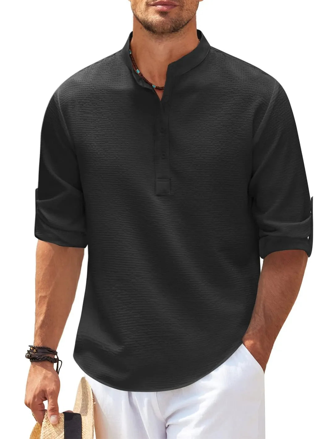 maoxiangshop Cotton Linen Hot Sale Men's Long-Sleeved Shirts Spring Autumn Solid Color Stand-Up Collar Casual Beach Style Plus Size S-5XL