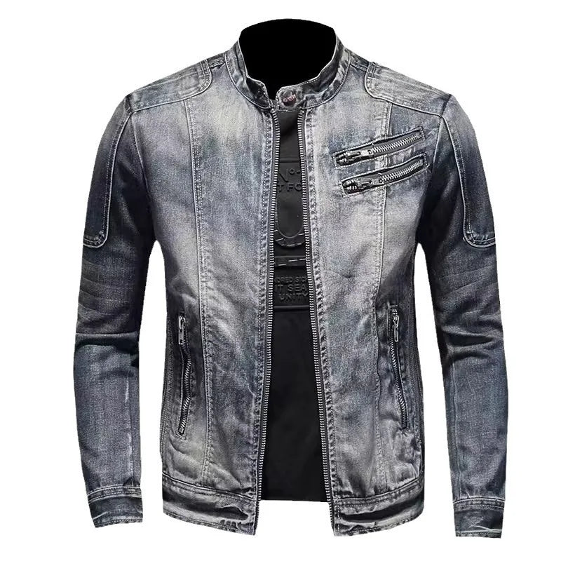 maoxiangshop Denim Jackets Men Casual Stand Collar Moto Biker Outerwear Coats Mens Fashion Zippers Motorcycle Streetwear Jacket Male Clothes