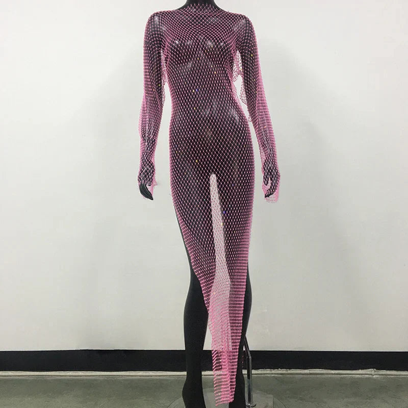 maoxiangshop-Y2K Sexy Shiny Rhinestones Grid Fishnet Dress Long Sleeve Hollow Out Side Slit Dress Beach Cover Up Breathable Lady Vestidos