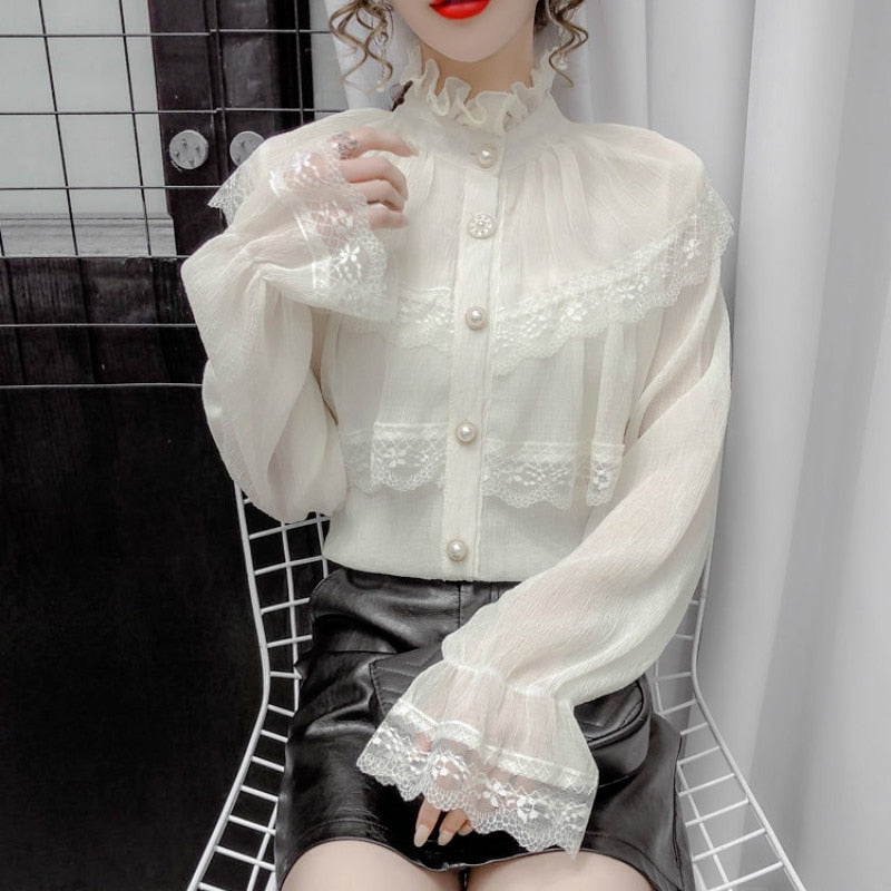 maoxiangshop Solid Patchwork Elegant Blouse Women Spring Lace Designer Chiffon Bouse Female Office Lady Casual French Korean Tops Women
