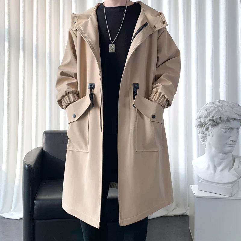 maoxiangshop Long Trench Coat Jacket Men Autumn Spring Black Hip Hop Japanese Coats Streetwear Male Hooded Army Green Casual Jackets