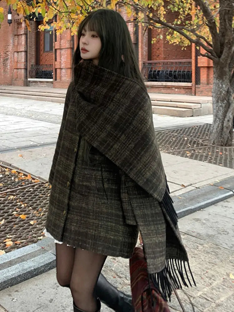maoxiangshop - Autumn/Winter New Retro Plaid Cloak Shawl Woolen Coat Women Winter Clothes Korean Style Chic Loose Wool Outerwear Women Top