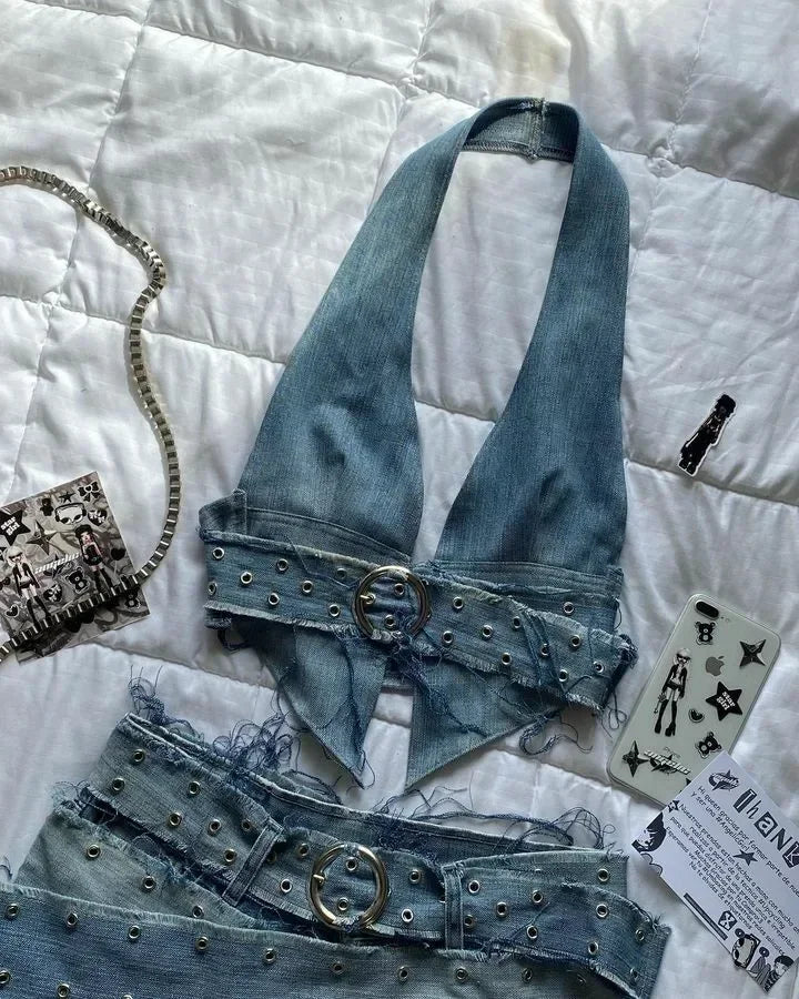 maoxiangshop - Y2K Gothic Fashion Skirts Womens Two Piece Leather Patchwork Denim Patchwork women Clothes Zipper Mini Denim Slim Fit Mini Skirt