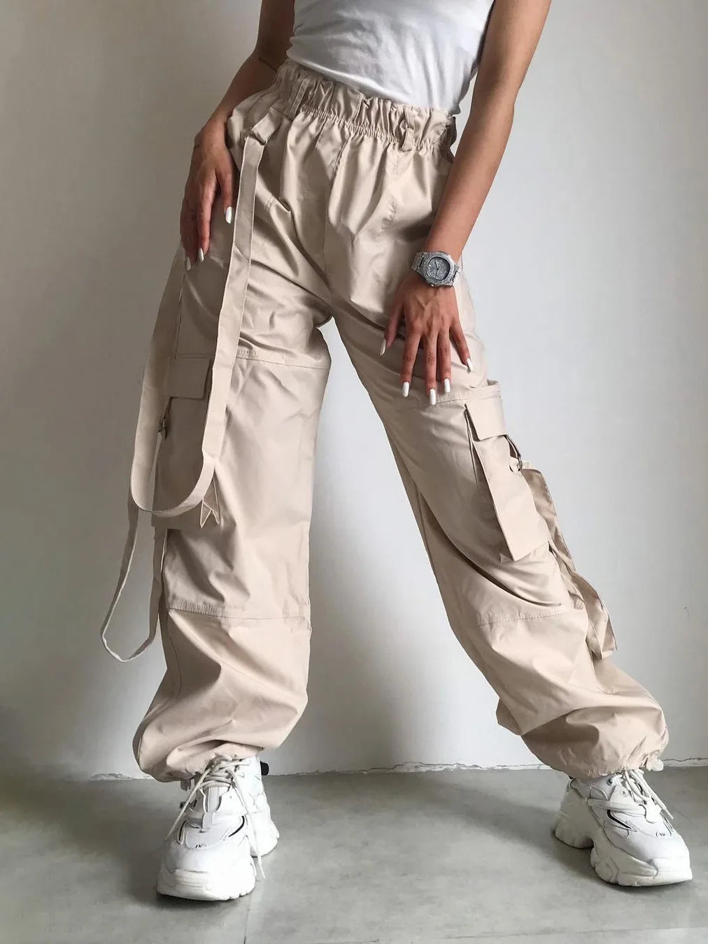 maoxiangshop - High Waist Cargo Pants Women Pocket Loose Pink Fashion Baggy Sweatwear Female Autumn Winter Casual Sweatpants Woman