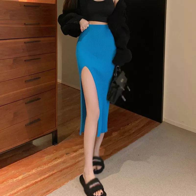 maoxiangshop High Waist Knitted Half Skirt Elastic Force Temperament Thin Sexy Split Slim Skirts Spring Autumn