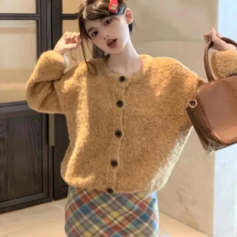 maoxiangshop - Solid Yellow Knit Sweater Cardigan Women Autumn Soft Sweet Slouchy Long Sleeve Round Neck Cute Schoolgirl Daily Loose Outerwear
