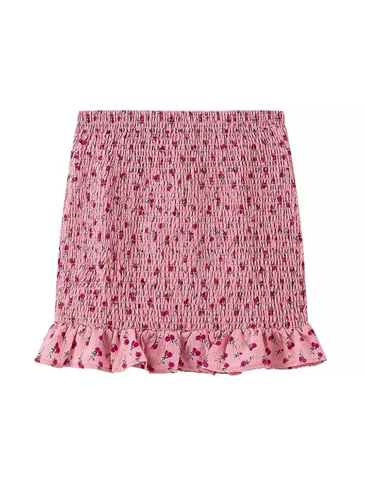 maoxiangshop - Girl's Cute Flower Print High Waist Pleated Mini Skirts Women 2024 Summer New Fashion Elastic Short Skirt