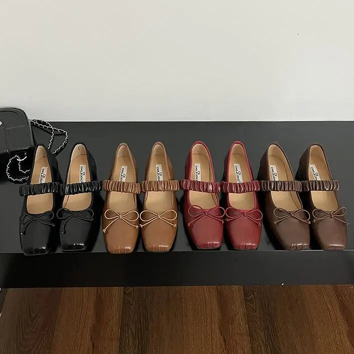 maoxiangshop - Korean Style Retro Mary Jane Shoes Square Toe Women's Shoes Bowknot PU Ballet Flats Spring/Autumn Flats Women Shoes