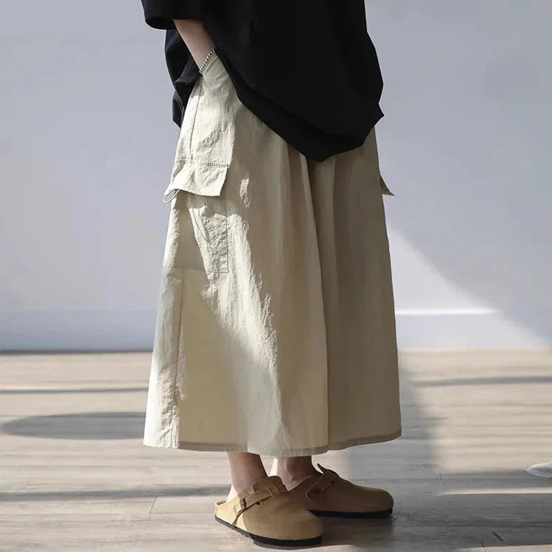 maoxiangshop 2024 Men Wide Leg Pants Elastic Waist Loose Pockets Casual Trousers Men Solid Streetwear Joggers Fashion Cargo Pants
