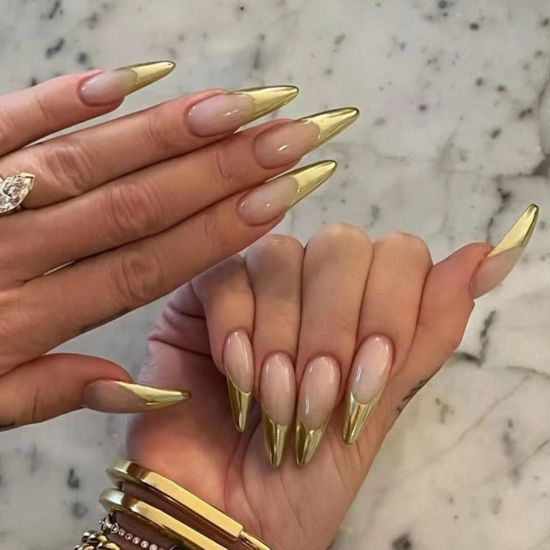 24Pcs Water-drop Almond Fake Nails Sharp Nails Set Press on Stiletto Glitter Silver False Nails Wearable Full Cover Nail Tips
