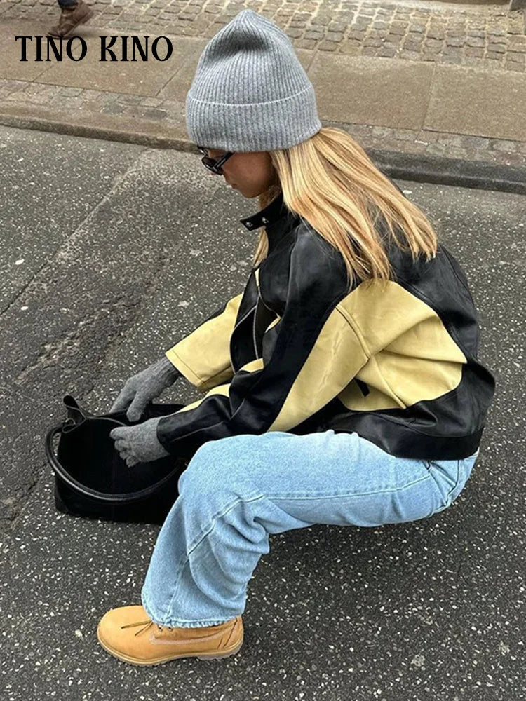 maoxiangshop - Leather Bomber Jackets Women O-neck Long Sleeve Zipper Contrast Locomotive Coat 2024 Autumn Lady New Vintage Outwear