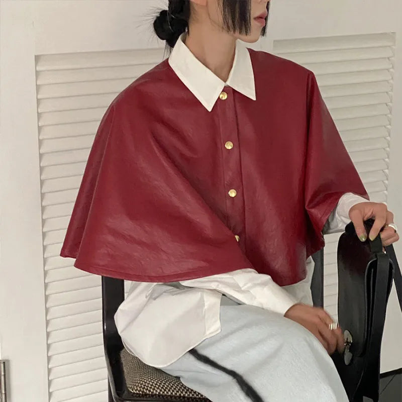 maoxiangshop - Solid Color Leather Women's Cloak Shawl Fashion Round Neck Single Breasted Short Tops Autumn Casual Loose Retro Women Jacket