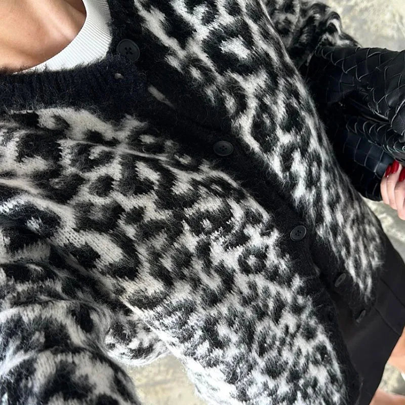 maoxiangshop - Fashion Lepard Knitted Sweater Cardigan For Women Loose Casual Long Sleeve Retro Single Breatted Sweater Autumn Outwear